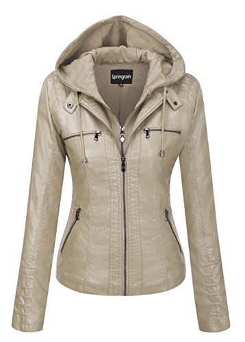 Springrain Women's Faux Leather Jacket Moto Biker Coat with Detachable Hood Motorcycle Jacket