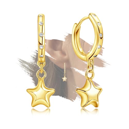 Gold Star Earrings for Teen Girls Women - Sterling Silver Stars Hoop Earrings Hypoallergenic Cubic Zirconia Star Shaped Earrings Lightweight Loop Earring Gifts for Daughter Granddaughter Christmas