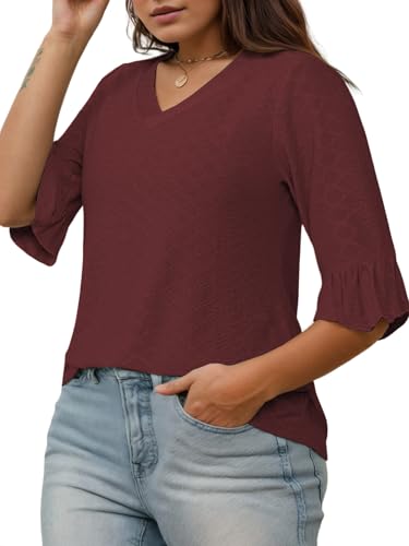 VISLILY Womens-Plus-Size-V-Neck-Tops Dressy 3/4 Length Ruffle Sleeve T Shirts Trendy Eyelet Blouses Casual Loose Tunics 1X-5X2