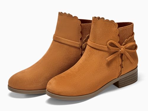 Coutgo Girls Toddler Bow Ankle Boots Pull On Low Chunky Heel Fall Dress Booties Shoes4