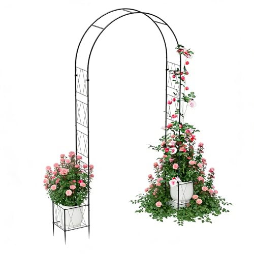Metal Garden Arch Trellis for Climbing Plants Outdoor, 8.2FT Garden Arbors Archway Arched Trellis with Planter Boxes, Wedding Arches for Ceremony Arch Backdrop Stands for Party Decorations, Black