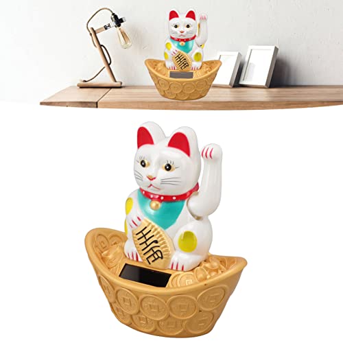 Bewinner Winkende Katze, Glücklicher Reichtum, Willkommende Katze, Solarbetriebene Süße Winkekatze, Viel Glück, Reichtum, Einladende Katze, Glückskatze, Heim-, Zimmer-, Büro-Desktop-Dekoration(Weiß)