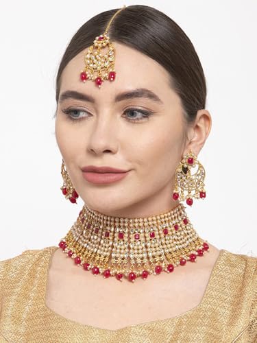 Conjunto de joyas Kundan rojas DMZ-2960 para bodas y galas 5