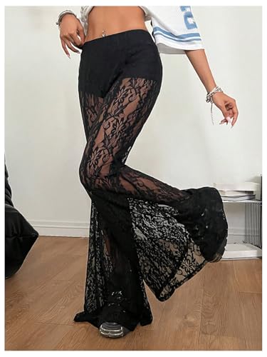 GORGLITTER Women's Floral Lace Sheer Bell Bottom Pants Sexy Flare Leg Mesh Long Pants2