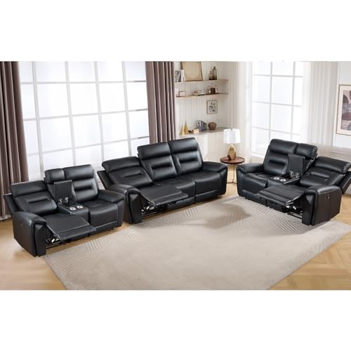 Image of ANJ 3-Piece Faux Leather Power Recliner Sofa Set with USB&Type-C Charging Ports, Include 2 Loveseat Sofas with Hidden Storage & Cup Holders and a 3-Seater Reclining for Living Room, Black