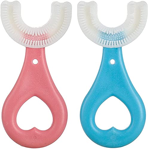 2 Pack U-Shaped Toothbrush for Kids (Ages 2-12), Manual Training Tooth Brush, Food Grade Soft Silicone Brush Head, 360Â° Oral Teeth Cleaning Design for Toddlers and Children, Blue, Pink (Heart Style)