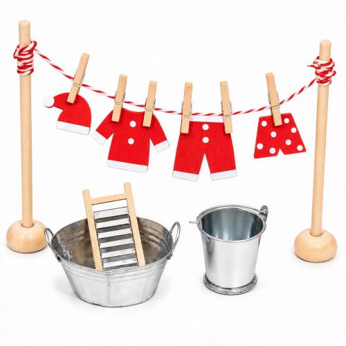 STARRICH Wichtel Étendoir à linge 17 pièces Accessoires de Noël | Ensemble complet de linge lutin avec vêtements, corde à linge, 6 pinces, planche à laver, seau et baignoire pour porte de