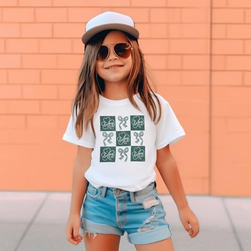 Image of Kid Girls St. Patricks Day Shirts Bow Lucky T-Shirt Shamrock Tees Clover Short Sleeve Tops Irish Outfits 7-12 Years