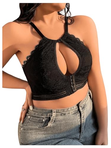 SOLY HUX Women's Plus Size Bras Lace Wireless Bra Cut Out Front Closure Bralette Solid Black 2XL