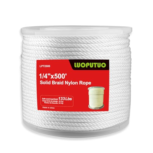 1/4 Inch x 500 ft White Nylon Solid Braid Rope UV & Abrasion Resistant Low Stretch Multipurpose for Flag Poles Clotheslines Crafts and Outdoor Use