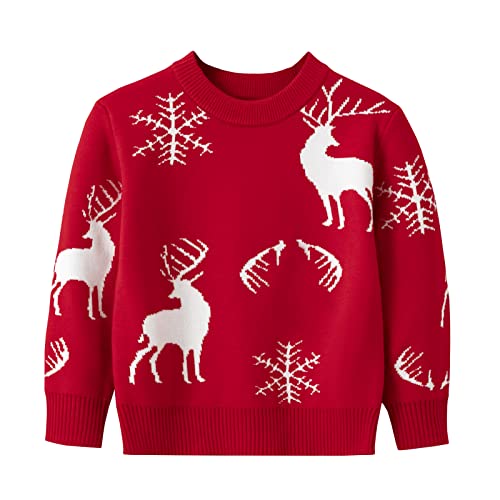 Yishengwan Enfants Pulls de Noël Pullover Tricoté Col Rond Pull Top Chandail Imprimé pour Filles Garçons Rouge 3 140 Cover