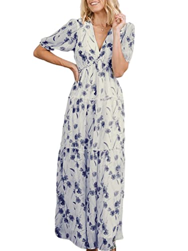 Amegoya Women s Short Sleeve Floral High Waist Low V-Neck Flowy Party Long Maxi Dress（L Blue）