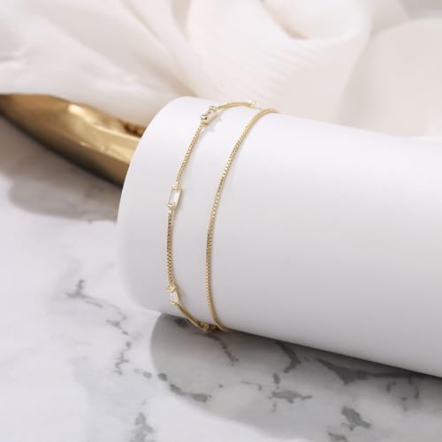 BriLove Dainty Elegant 925 Sterling Silver Cubic Zirconia 2 Layer Birthstone Bracelets for Women,Six Emerald Cut Tennis Bracelet Birthday Prom Gifts Jewelry4