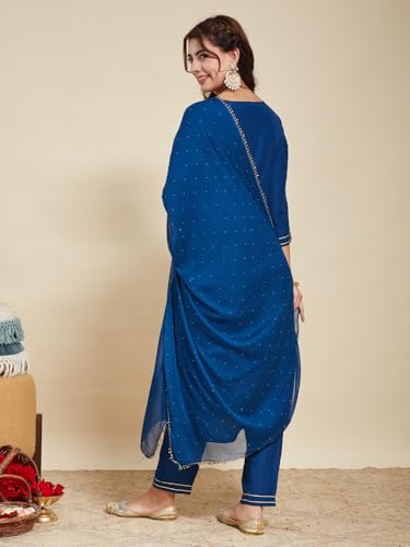 Image of MOKOSH Women's Silk Embroidery Kurta Pant with Dupatta | Kurta Set | Round Neck 3 /4 Sleeve | 3 Piece Outfit | Indian Kurta Outfit With Pant