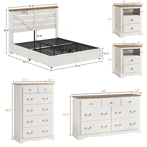 Image of AMERLIFE 3 Piece Bedroom Set, Including Farmhouse Queen Size Bed Frame with 4 Drawers, Nightstands Set of 2 with Charging Station for Bedroom, White