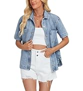 LifeShe Women Denim Shirt Short Sleeve Button Down Jean Jacket Shacket