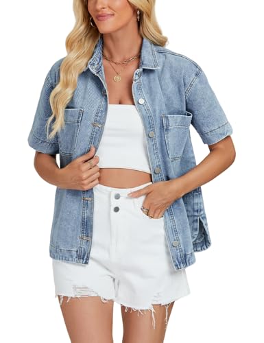 LifeShe Women Denim Shirt Short Sleeve Button Down Jean Jacket Shacket