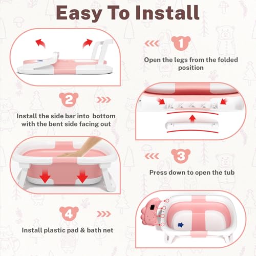 Image of AVIDOR Baby Bathtub,Collapsible Bathtub for Newborn to Toddler,Durable Essential Infant Bath Tub,Portable Travel Baby Tub with Soft Bath Net,No-Slip Feet and Dinosaur Shaped (Pink)