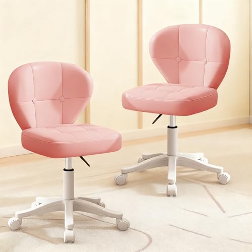 Image of Small Office Chair with Lumbar Support, PU Leather Armless Swivel Desk Chair Adjustable Height, Compact Rolling Chair for Home Office, Bedroom, Study Pink Set of 2