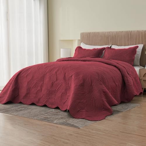 Image of Kingnex Oversized King Bedspreads 128x120 for Extra Wide Tall King or Cal King Bed Ultrasonic Quilted Coverlet Set 3 Piece Include 1 Quilt 2 Pillowcases Burgundy