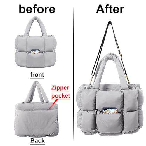 Image of Puffer Tote Bag for Women, Quilted Shoulder handbag for Travel, Work, Gym | nylon lightweight bag, waterproof, cloudy, zipper, compartments, nurse bag, adjustable crossbody strap