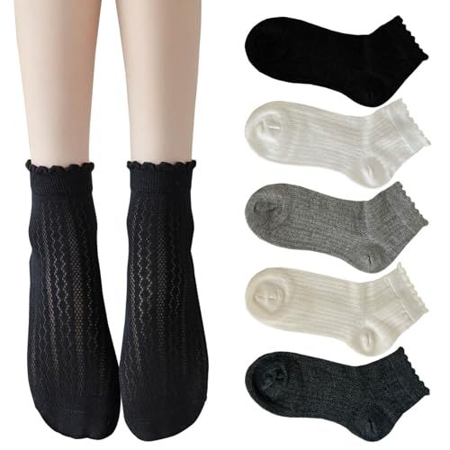 zrylibya Women Cute Hollow Out Crochet Ankle Socks Scalloped Pointelle Solid Color Basic Casual Socks 5 Pairs