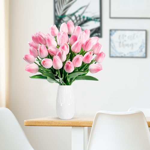 Image of Sggvecsy 30 Pcs Fake Tulips Artificial Flowers Real Touch PU Faux Flowers Tulip Stems for Wedding Spring Bouquet Floral Arrangement Home Party Office Decorations for Mother's Day (Light Pink)