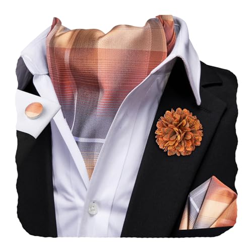 Image of Hi-Tie Silk Ascot for Men Self Tie Men's Cravat and Flower Lapel Pin Handkerchief Cufflinks Set for Wedding Party