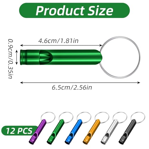 Macuezu 12 Pcs Emergency Whistle with Key Chain, Loud Hiking Whistles for Women Defense, Aluminum Whistle Key Chain for Hunting, Outdoor Sports (6 Colors)