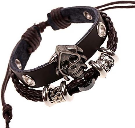 Eiffy Vintage Leaf Feather Skull Cross Pirate Multilayer Leather Bracelet for Men Women Braided Handmade Star Rope Wrap Adjustable Bangles (Pirate)