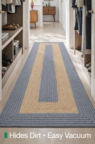 Image of Handwoven Jute Cotton Carpet 2x6 Ft Grey & Beige Plain - Natural Boho Area Rug for Living Room | Eco-Friendly, Durable Floor Mat for Bedroom, Dining & Home Decor