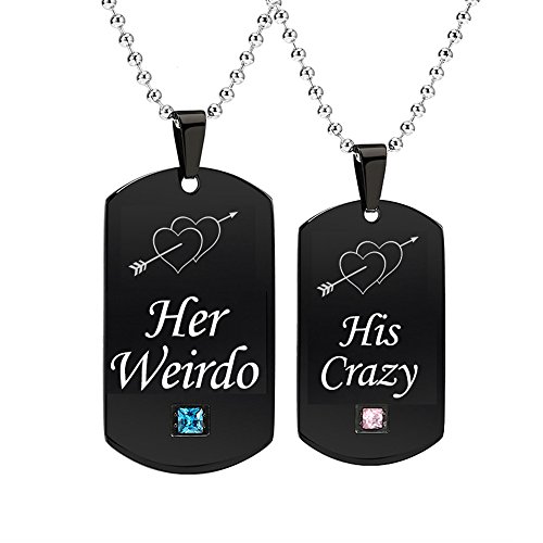 Gagafeel Couples Necklace CZ Pendant His Crazy Her Weirdo Dog Tag Necklaces Anniversary Gift for Friends Women Men (His Crazy Her Weirdo)