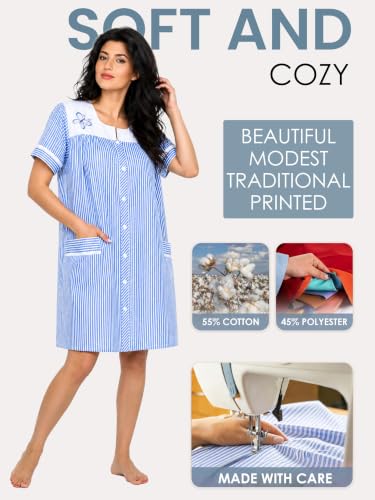 Image of Casual Nights Women's Snap - Front House Dress Short Sleeve Woven Housecoat Duster Lounger Robe with Pockets