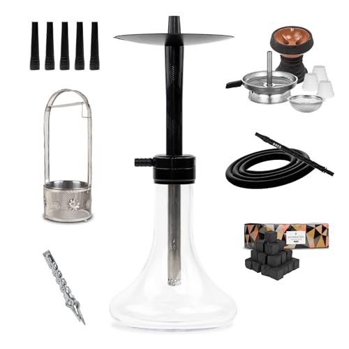 Mr. Eds Shisha Negra 44 cm con Blow-Off, Cazoleta + Gestor, 100 Boquillas, 1kg Carbón Cocobration, Porta Carbón Plata, Manguera, Pinza y 3 Juntas