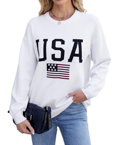 Image of Dressmine Womens American Flag Knit Sweater Crew Neck Long Sleeve Pullover | Casual Loose Graphic Outfits, Fall Sweatshirts, Trendy Clothes, Cute Patriotic Shirt, 2026 Cozy Elasticity Winter Tops