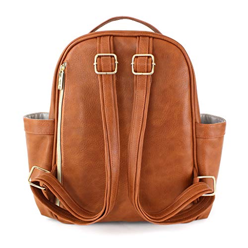 Itzy Ritzy Mini Diaper Bag Backpack - Chic Mini Diaper Bag Backpack With Vegan Leather Changing Pad, 8 Total Pockets (4 Internal And 4 External), Grab-Top Handle And Rubber Feet, Cognac #TOP2
