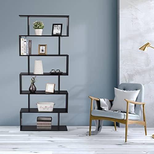 TANGZON S-Shaped Display Bookshelf, 5/6 Tiers Freestanding Storage Shelf, Geometric Unit Organiser Bookcase for Living Room, Office, Bedroom and Study Room (Black, 80 x 23 x 192cm)