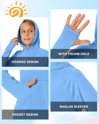 Image of Boys Rash Guard Long Sleeve Hoodie Swim Shirt with Pocket Youth Kids UPF 50+ Sun Protection Fishing Shirts Thumb Hole