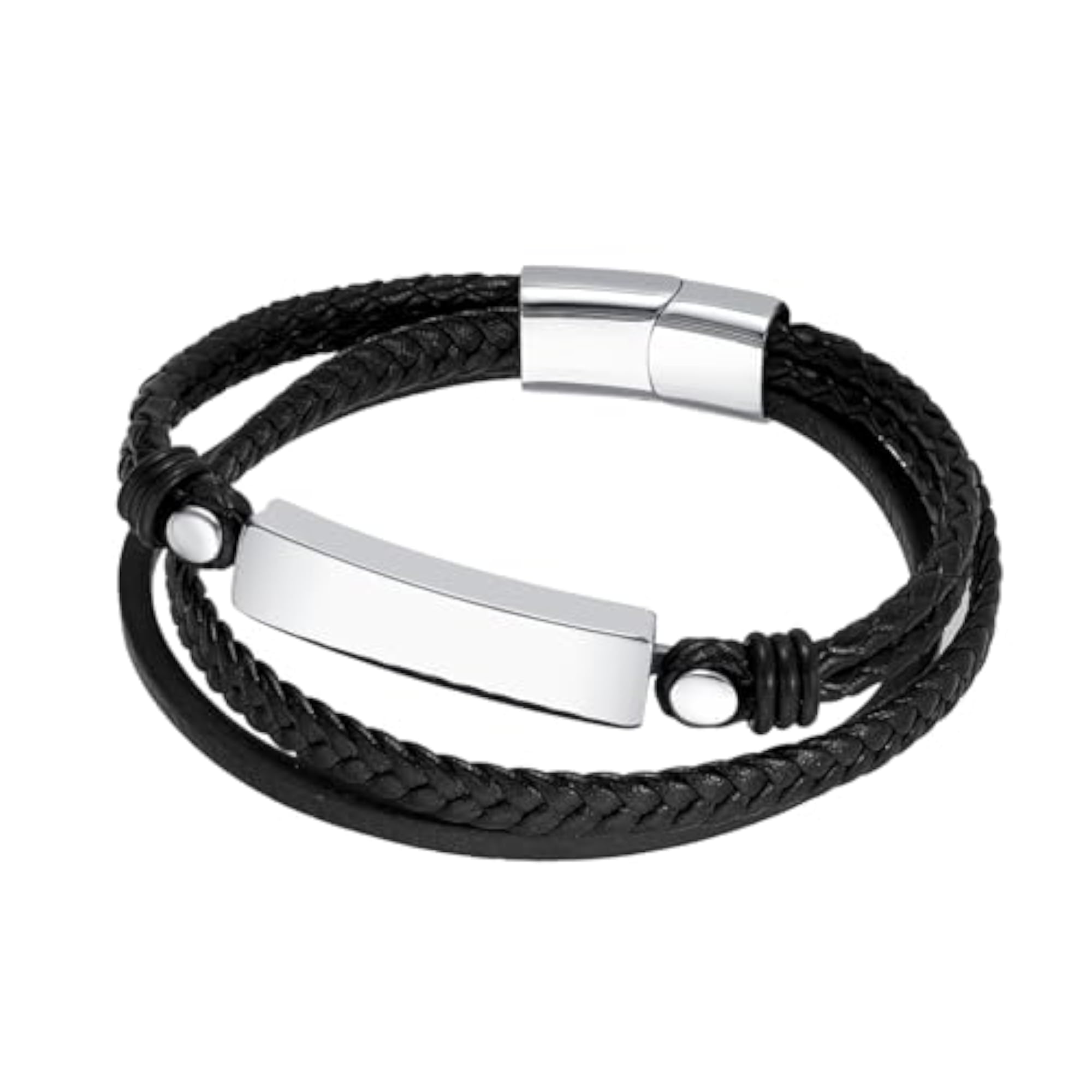 Men's Black Leather Stainless Steel Openable Bracelet, Stylish Gift