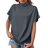 Uwdiohq Damenblusen Langarm Damen Einfarbig Stehkragen Locker Lässig Kurzarm T-Shirt Top (Gy1, XL) Leinenbluse Sommer Country Kleidung Shirts Elegant Festliche Mode Große Größen 3/4 Arm
