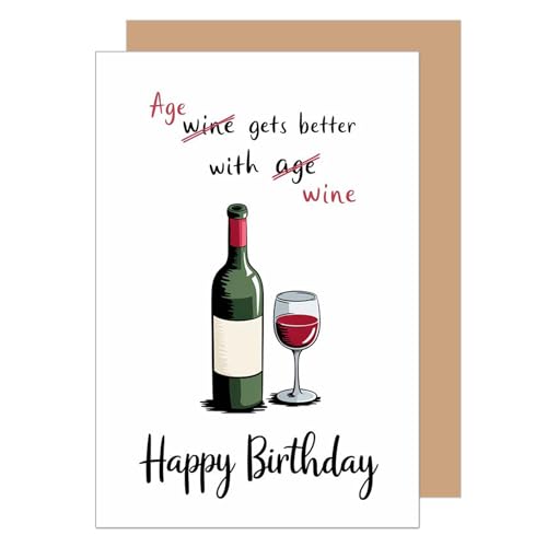 Edition Seidel carte d’anniversaire premium avec enveloppe. Carte de félicitations de vœux Happy Birthday texte femme homme vin drôle (G3670 SW024)