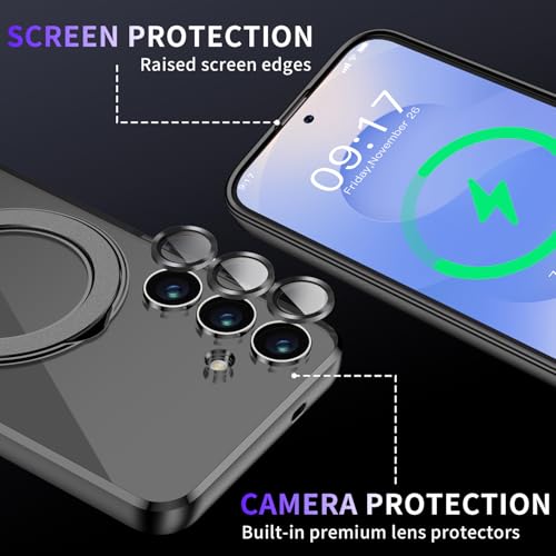 Image of Magnetic Stand & Full Camera Lens Protector Case for Samsung Galaxy S25 [Compatible with MagSafe][Military Drop Protective] Not Yellowing Clear Slim Soft S25 Phone Case for Women Men,Black