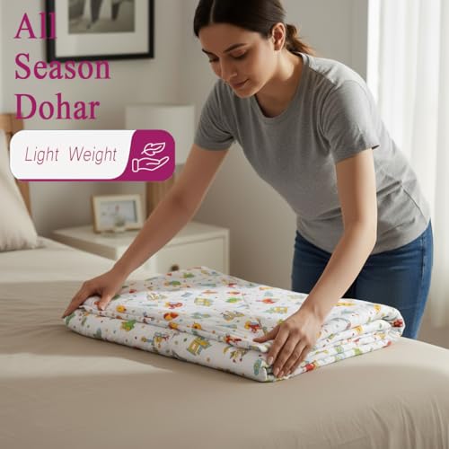 Trance Home Linen 100% Cotton | Kids Dohar | Double Bed | 150 GSM | Reversible Ac Comforter | Light Weight All Season Soft Blanket (84x90 Inches | Alphabets with Dolls)