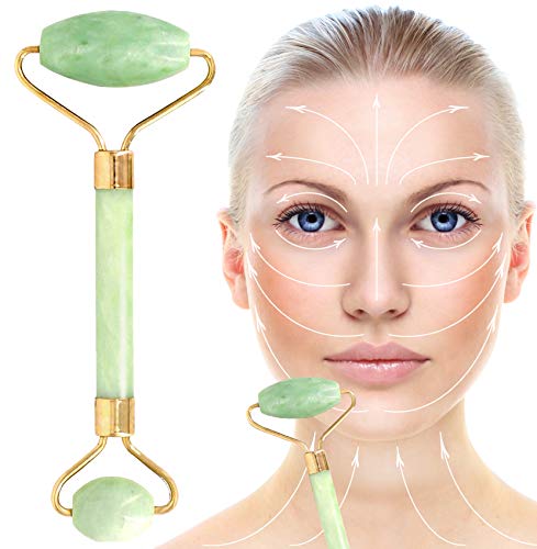 Jade Roller Gua Sha Scraping - 100% Real Natural Jade Facial Roller & Gua Sha Scraping Massage Tool Set for Anti Aging Double Neck Healing Slimming with Brochure