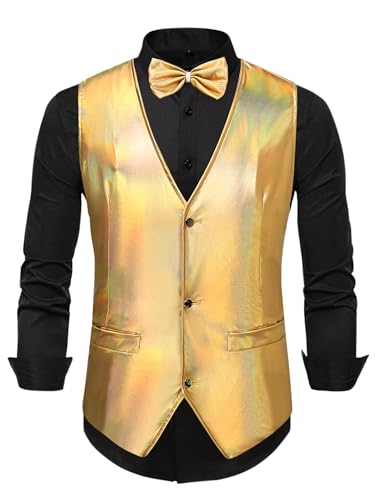 Lars Amadeus Metallic Vest for Men's V-Neck Sleeveless Shiny Disco Party Holographic Waistcoat Bowtie