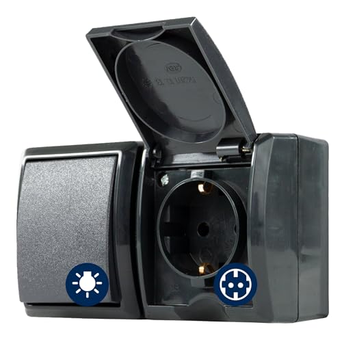REV AquaForm Lichtschalter mit Steckdose IP44 zweipolig Aufputz anthrazit
