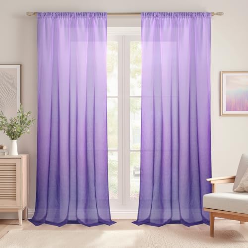 DWCN Cortinas Visillo Violeta, Visillo Degradado con Cinta Fruncidora de Hilos para Salón con Sistema de Riel, Decorativo, Aireado, Largo y Moderno para Habitación Infantil 140x260cm, Lote de 2
