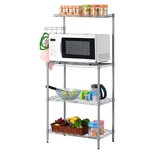 LANGRIA 3 Tier Microwave Stand Storage Rack, Kitchen Wire Shelving Microwave Oven Baker’s Rack with Spice Rack Organizer, Silver Grey