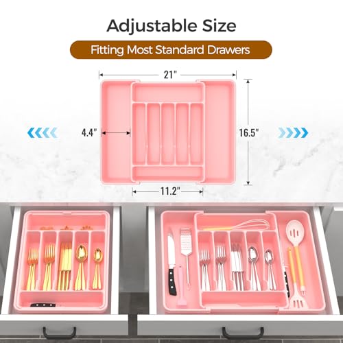 Extra Large Expandable Silverware Organizer, BPA-Free Food-Safe Cutlery Flatware Organizer, Kitchen Utensil Drawer Organizer, Adjustable Silverware Holder for Spoons Forks Knives, Pink