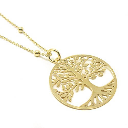 WANDA PLATA Collier Arbre de Vie en Argent Sterling 925 Plaqué Or avec chaîne 40 cm, Pendentif femme arbre de vie